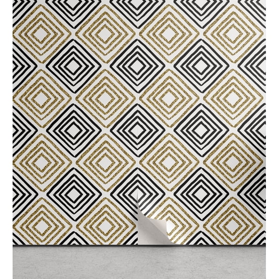 Ambesonne Modern Peel & Stick Wallpaper for Home, Square Shaped Lines, 13"x72", Black White Yellow