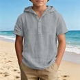 thumbnail image 2 of FSYBOA Boys Cotton Linen T Shirt, Casual Short Sleeve Hooded Henley Neck Kids Summer Tops Gray Size 11-12T, 2 of 9
