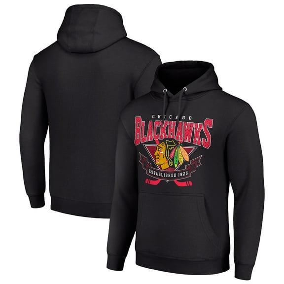 Men's Starter Black Chicago Blackhawks Team Logo Graphic Fleece Tri-Blend Pullover Hoodie