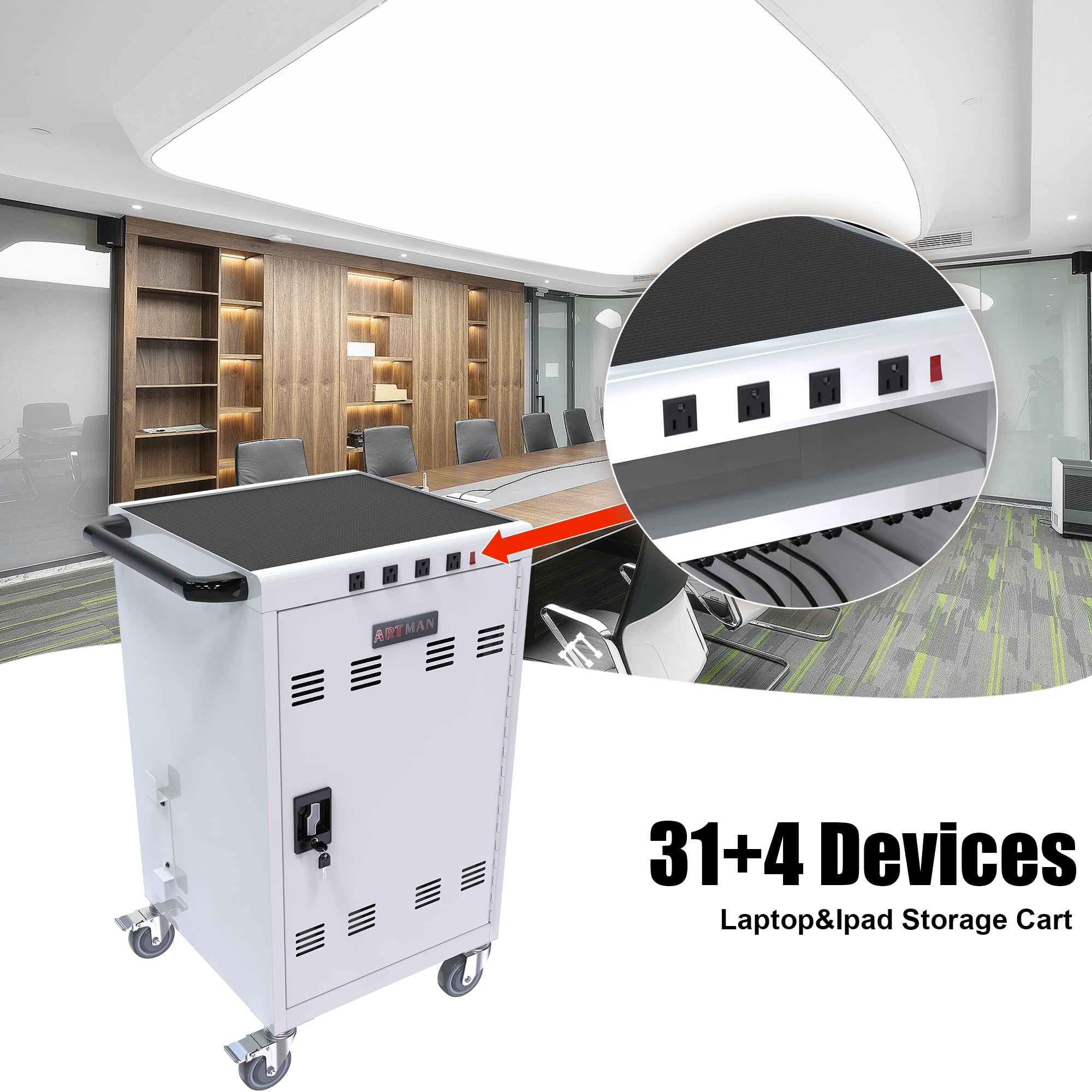 Aukfa 35-Unit Mobile Charging Cart, Classroom Locking Charging Station up to 16-inch Chromebooks and Laptop, White