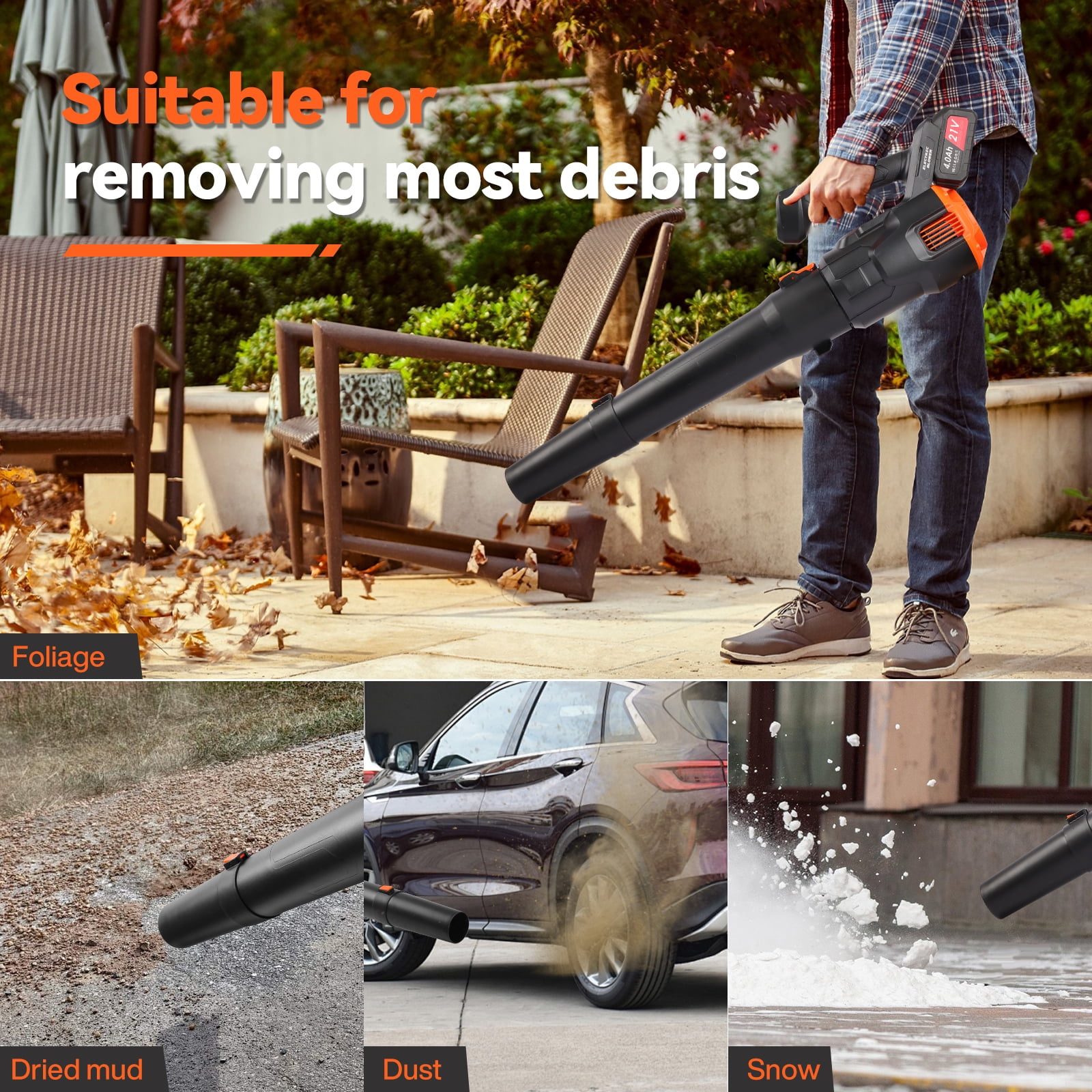 500CFM Cordless Leaf Blower for Lawn Care, 150 MPH 21V Battery Powered Leaf Blowers with 2 x 4.0Ah Battery & Charger, Electric Leaf Blower for Snow Blowing, Yard Cleaning & Hallway Maintenance