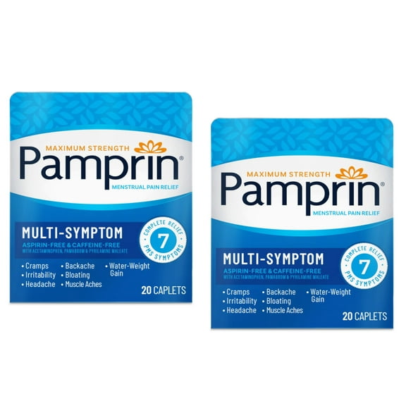 Pamprin Maximum Strength Multi-Symptom Menstrual Pain Relief, 40 Caplets - Pack of 2