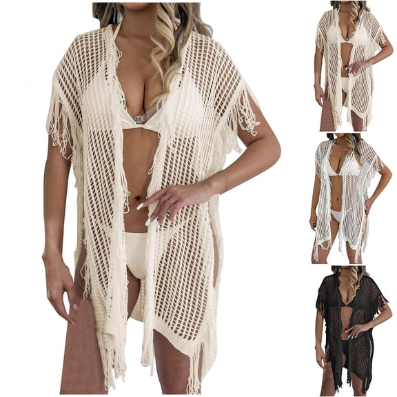 Maqroz Crochet Cover Up Women Open Front Beach Kimono Fringe Trim Short Sleeve Hollow Out Swimsuit Coverup Summer Vacation Cardigan