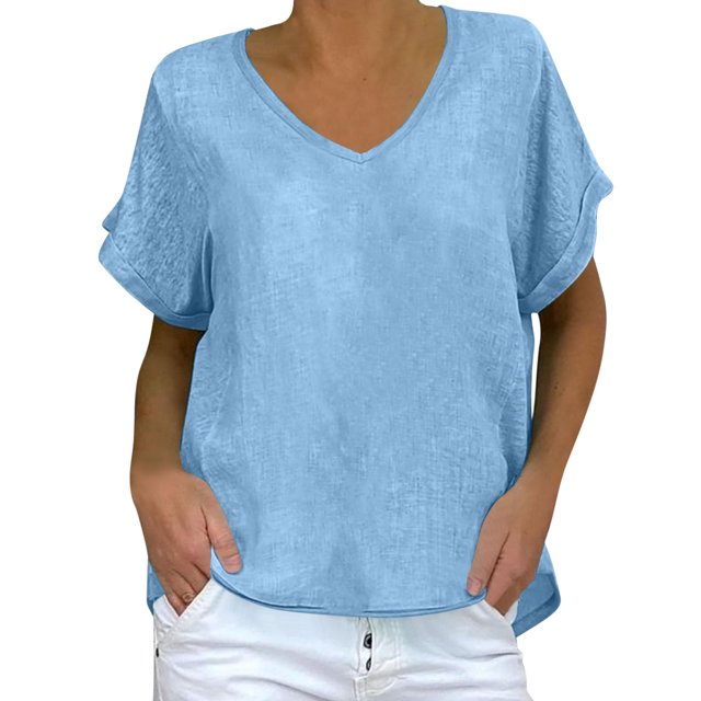 Dvprdro Hauts d'Été en Imitation Coton et Lin pour Femmes T-Shirt à Manches Courtes Col en V Décontracté
