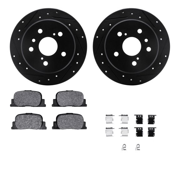 Dynamic Friction Company Rear Brake Rotors-Drilled and Slotted-Black with 5000 Advanced Brake Pads includes Hardware 8512-76059