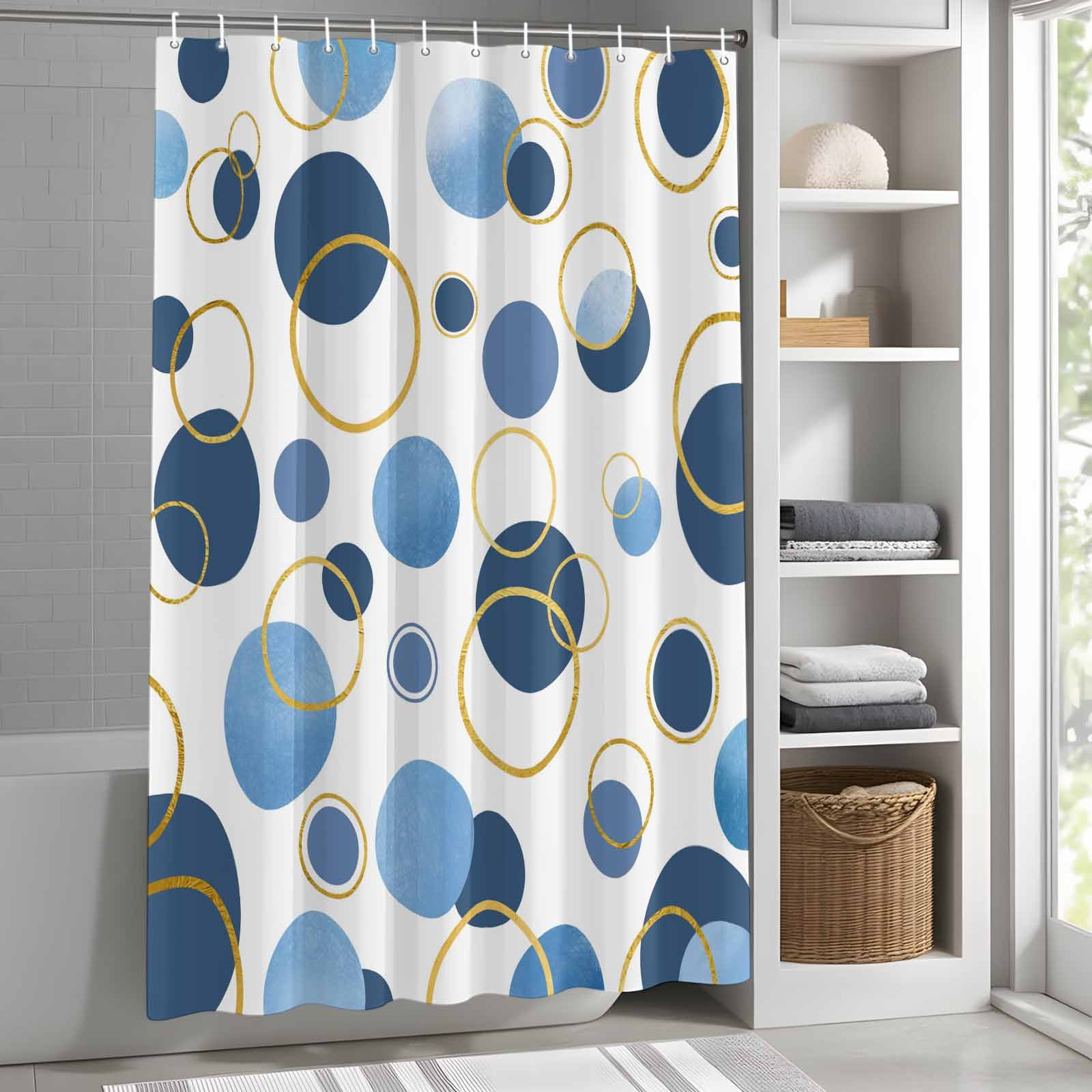 Blue Polka Dots Shower Curtain Set, Waterproof Shower Curtains for Bathroom, Modern Abstract Art Washable Fabric Cloth Bath Curtain for Bathtub Decoration with Hooks 54x78 Inches Geometric