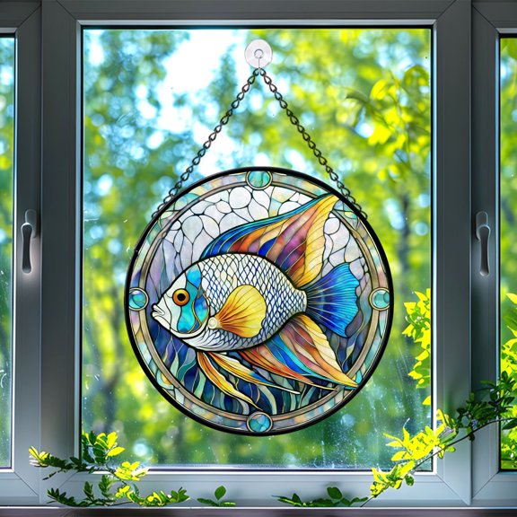 89Bloom Angelfish Window Hanging Stained Glass, Angelfish Suncatchers for Windows Stained Glass, Fish Stained Glass Suncatcher