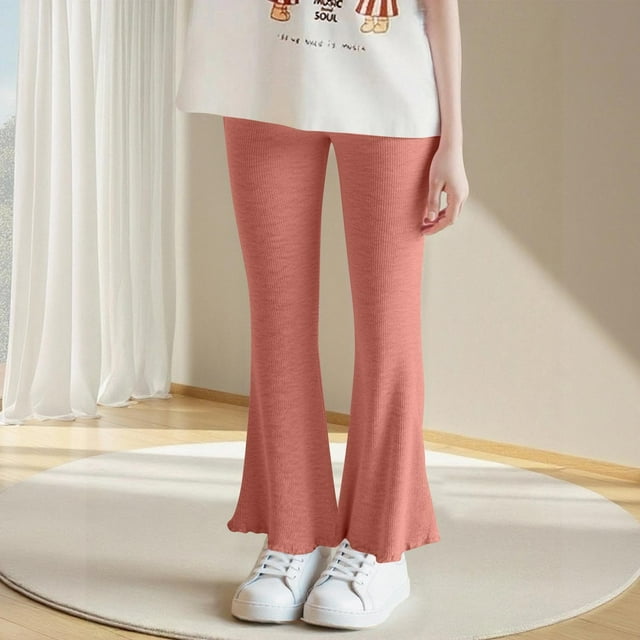 Cowsor Girls Pants Kids Ribbed Flare Pants High Waist Bell Bottoms