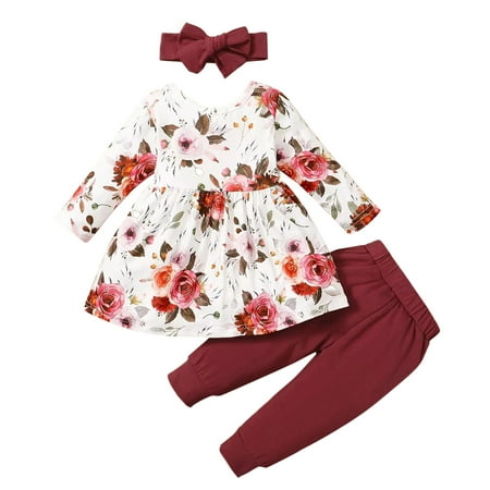 

ZMHEGW Toddler Outfits For Girl Baby Cotton Floral Autumn Long Sleeve Pants Sleepwear Headbands Set Clothes
