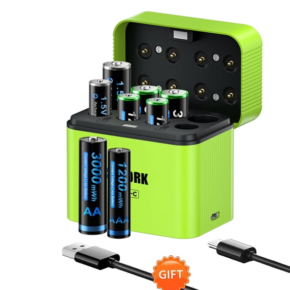 Rechargeable 4 Pack AAA Batteries and 4 Pack AA Batteries Lithium with Charger,1.5V Double A and Triple A Battery,Pilas Recargables with 8 Bay Charging Storage Box for 1.5V Li-on AA and AAA Battery