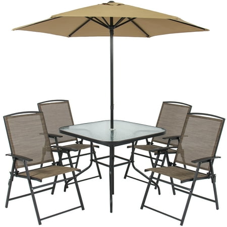 Best Outdoor Chairs Best Choice Products 6-Piece Outdoor Folding Patio Dining Set w/ Table, 4 Chairs, Umbrella, and Built-In Base -Tan ()