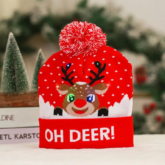Gorro de Punto con Luz Led, Boina de Lana, Gorra de Tela de Jersey, Estampado de Dibujos, Papá Noel, Alce, Sombrero para Navidad, Accesorio para Año Nuevo, Regalo para Niños