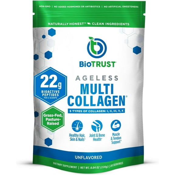 BioTrust Ageless Multi Collagen Peptides Powder – 5 Types (I, II, III, V, X) – Unflavored Collagen Powder for Women & Men – Hydrolyzed Protein – Grass Fed Beef, Fish, Chicken, Eggshell Membrane