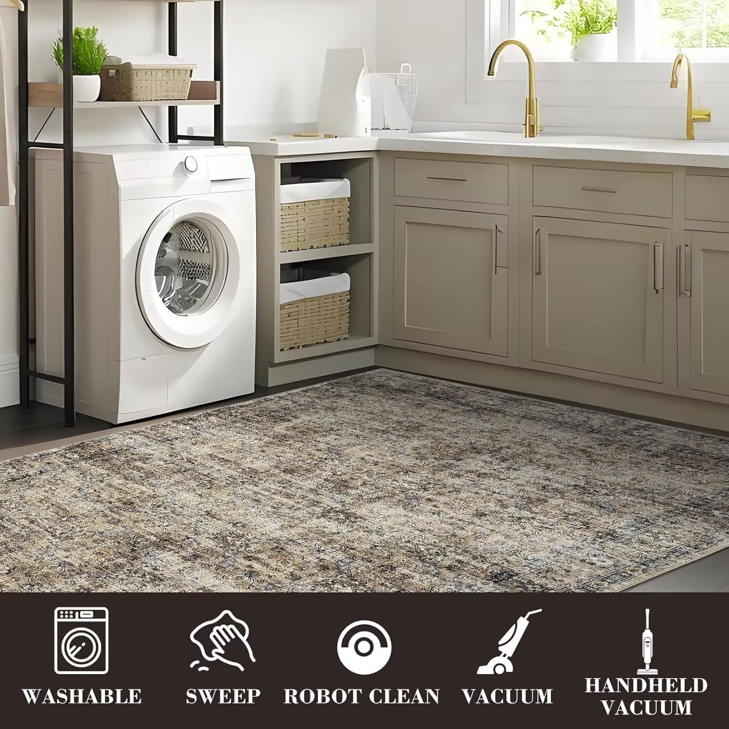Hasoo 9' x 12' Area Rug for Living Room Boho Vintage Rug Non Slip Throw Rugs Floral Bedroom Rug, Brown
