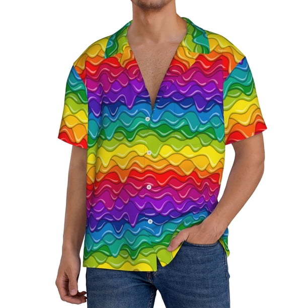 Balery Bright Rainbow Camisa Casual de Manga Corta con Botones para Hombre, Texturizada, Estilo Cubano, para Playa, Verano-X-Large