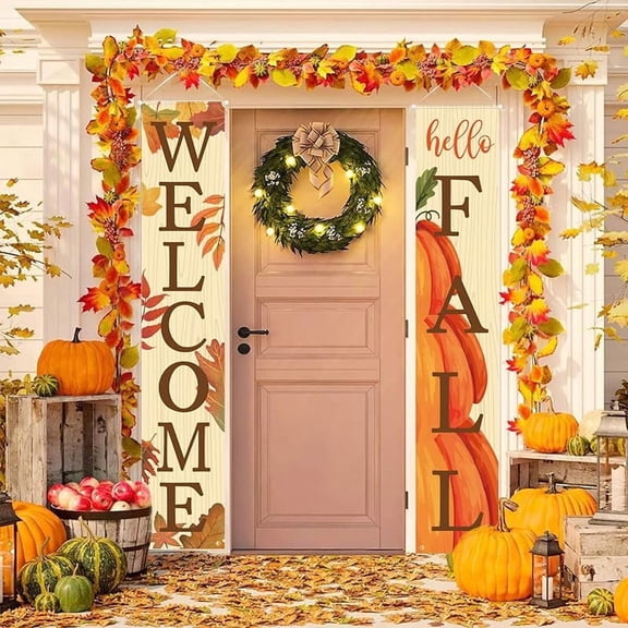 Fall Decor, Welcome & Hello Fall Banners for Front Door Harvest Decoration, Hanging Porch Signs for Autumn Home Decor Pumpkin Porch Decorations Outdoor for Home Office Holiday
