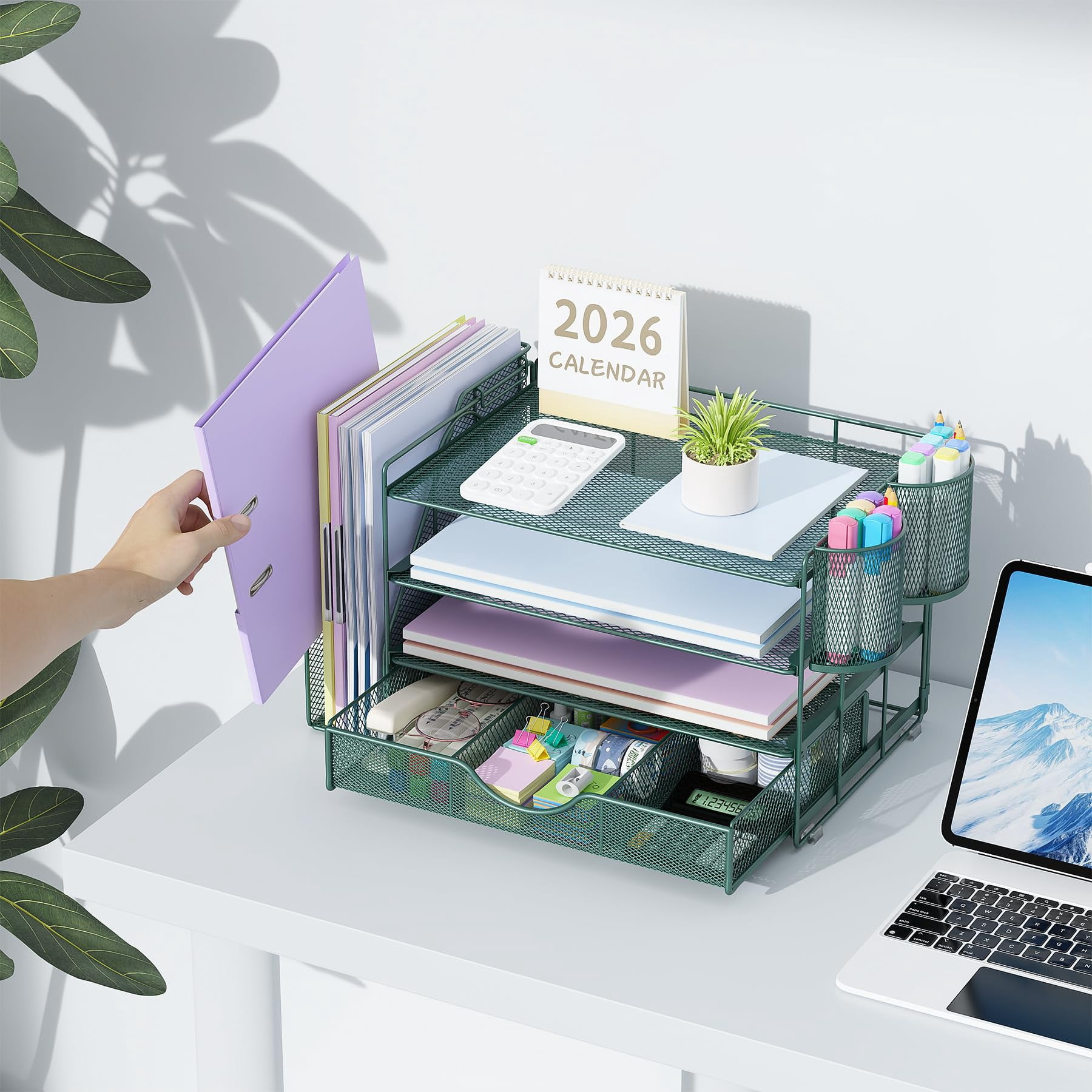 4-tier Desk Organizer With Drawers  File Holders Letter Trays And Pen - Workspace Accessories For Office Supplies (green)
