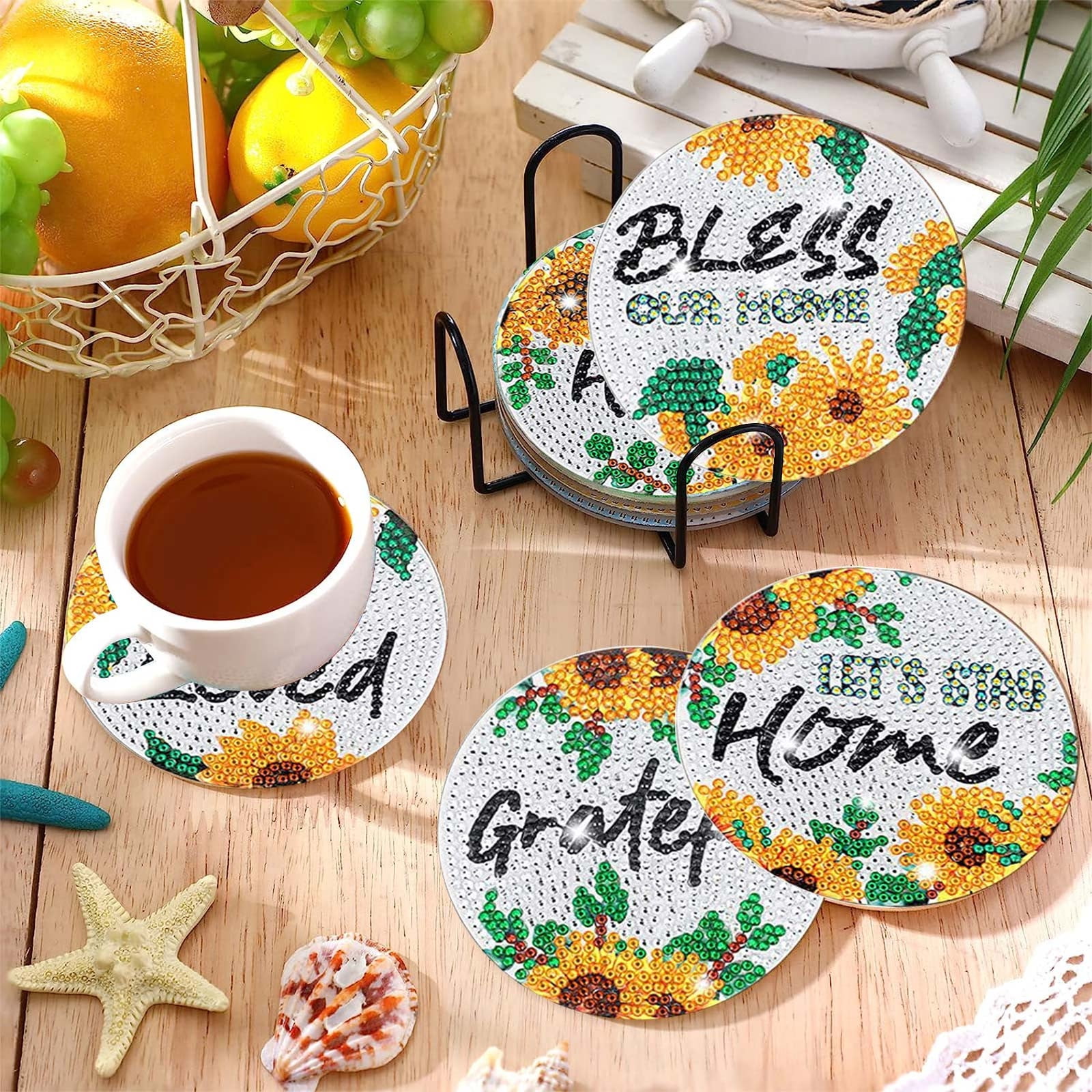 Junepar 3.9" 8Pcs Sunflower Diamond Painting Coasters Kit DIY 5D Diamond Art Cup Mat Set with Cork Backs & Tools for Adults & Kids