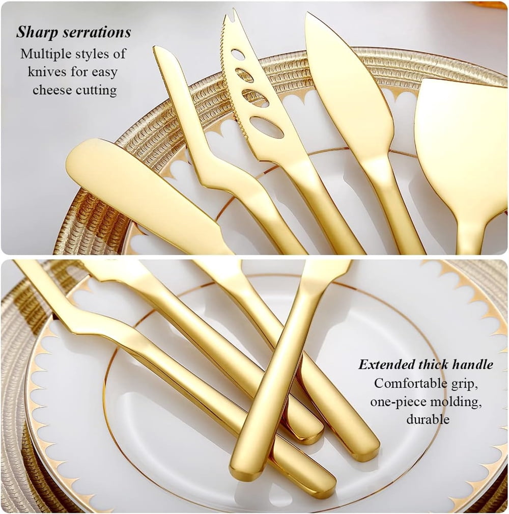 Gold Cheese Knife Set of 3, NOGIS Ergonomic Design Titanium Golden Plated Cheese Slicer, Butter Knife Spreader, Cheese Cutter, Cheese Knives for All Type of Cheese
