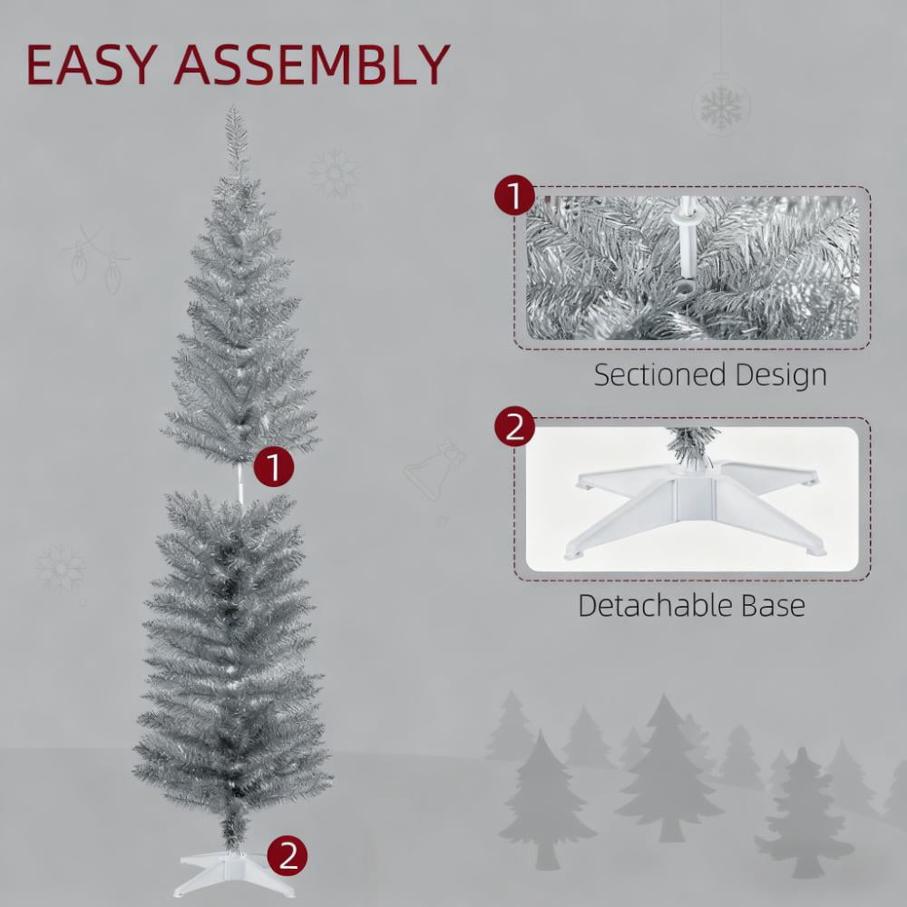 6ft Unlit Silver Pencil Christmas Tree 390 Tips Easy Assembly Plastic Base Small Space Holiday Decor