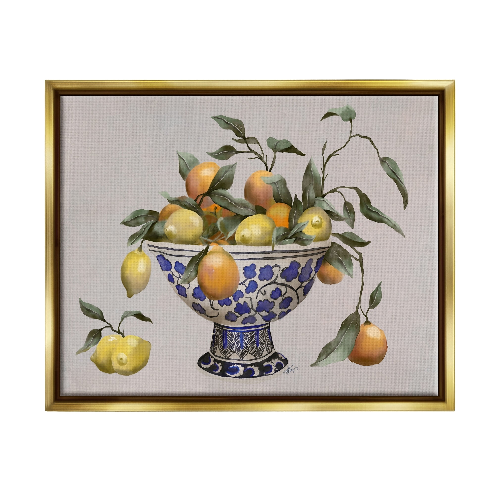 Stupell Industries Mixed Citrus Fruits Leaves Patterned Pottery Bowl Graphic Art Metallic Gold Floating Framed Canvas Print Wall Art, Design by Elizabeth Medley