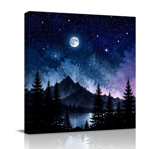 Canvas Wall Art, Blue Purple Starry Night Framed Canvas Prints for Bedroom Office, Black Forest Mountain Landscape Large Gallery Wrapped Wall Decor for Home Office, Gifts, 16"x16" Ship Next Day