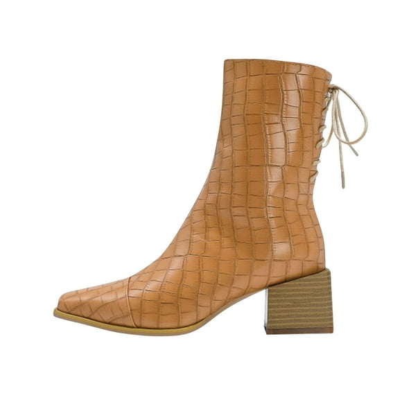CEHVOM Women's Thick Heel Square Heel Square Toe Back Lace Up Side Zipper Boots