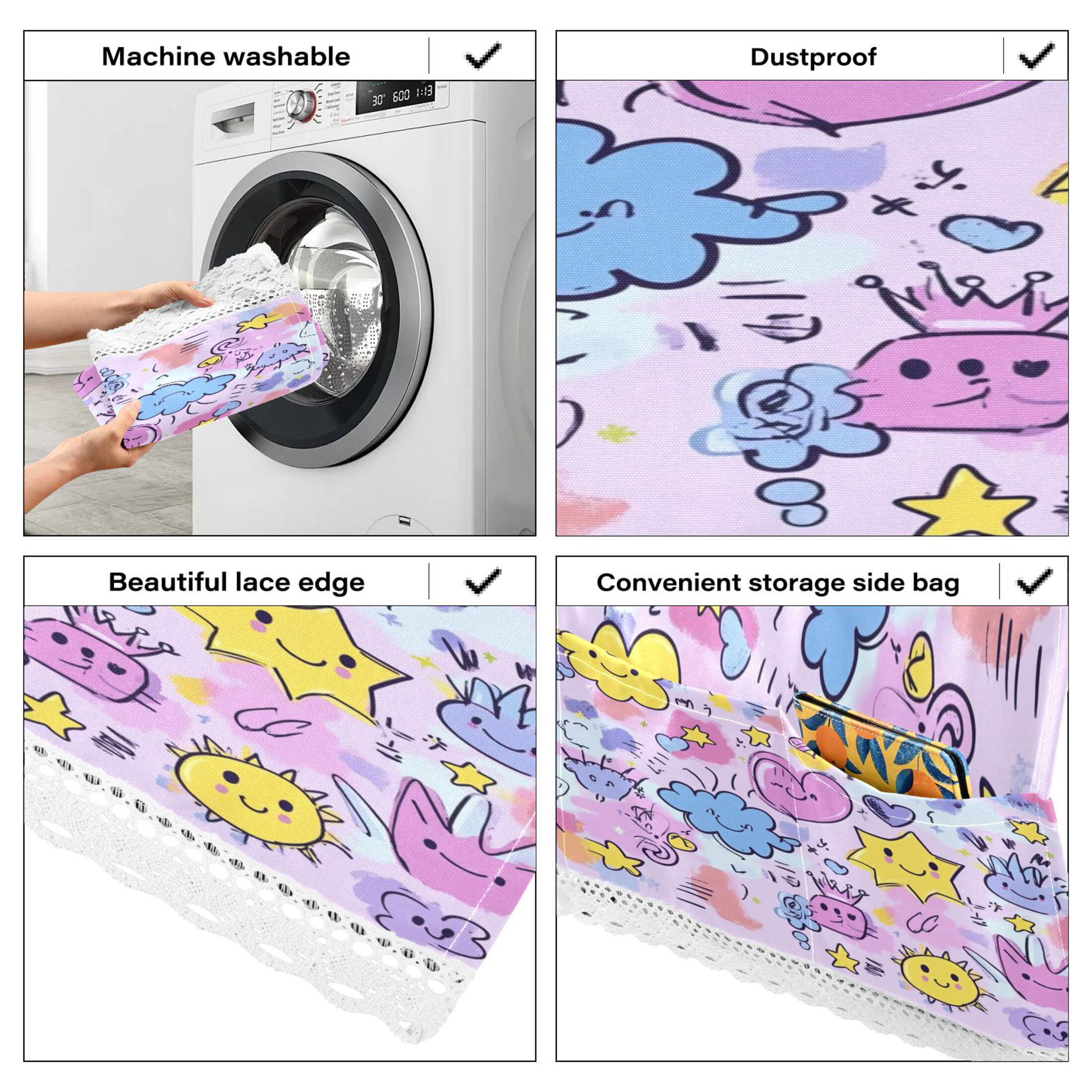 Washing Machine Cover 51.2x22in, Durable Polyester Dust Cover with Lace Trim and Side Pocket for Appliances Graffiti Elements Pattern
