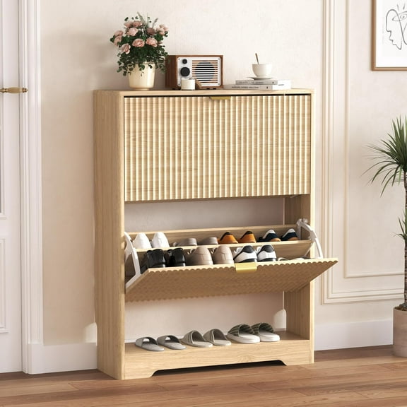 FANRAL Shoe Storage Cabinet with 2 Flip Drawers & Open Storage,Wood Shoe Rack Organizer,Fluted Freestanding Narrow Shoe Cabinet for Entryway,Hallway,Natural Oak
