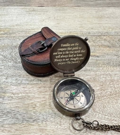 Antique Brass Pocket Compass with Leather Case Compass for Camping, Hiking Gift for Men, Him, Son | Engraved Compass