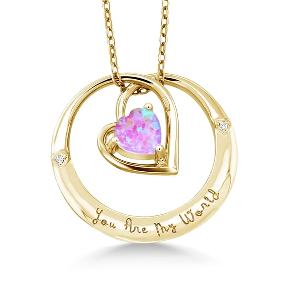 Gem Stone King 0.76 Ct Pink Simulated Opal White Diamond 18K Yellow Gold Plated Silver Pendant