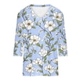 thumbnail image 2 of Felirenzacia Ladies V-Neck Blouse, White Three-Quarter Sleeve Top, Large Purple Floral Pattern with Gray Leaves, 2 of 5