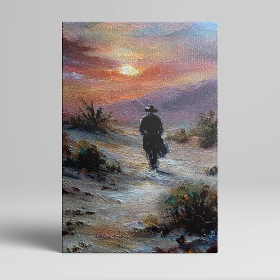 1pc Western - style Canvas Painting of a Lone Cowboy Walking Towards a Stunning Sunset in the Desert, framed Decor room hanging Wall Picture Decor for Home Gifts, living room, bathroom, bedroom