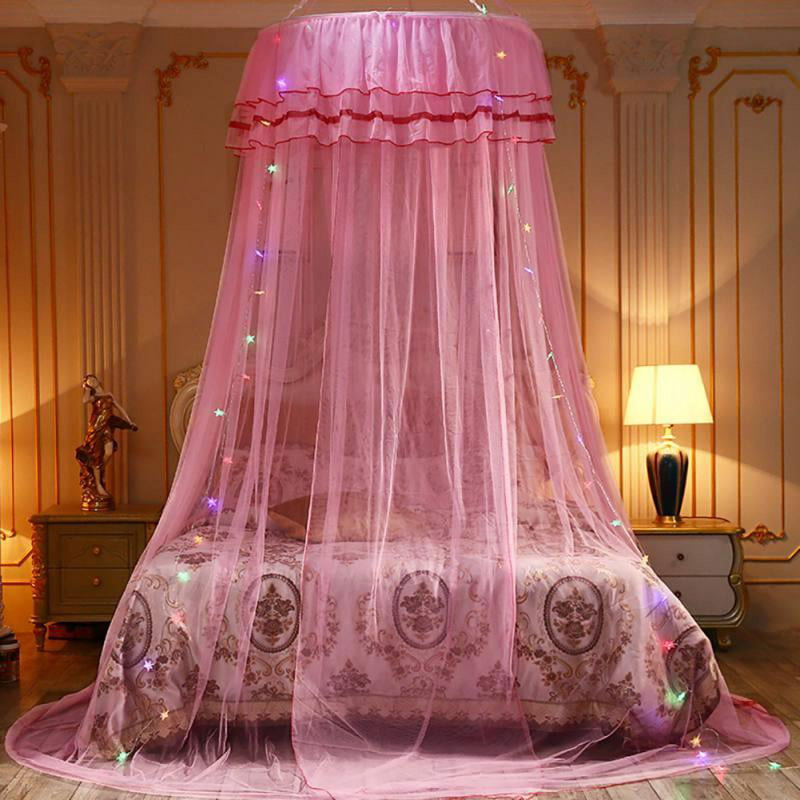Princess Bed Canopy Netting Mosquito Net, Round Hoop Lace Dome For Queen Size Beds, Pink, Mosquito Net + Strip Light