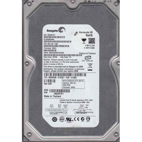 ST3250620NS, 9QE, TK, PN 9BL14E-036, FW 3BKH, Seagate 250GB SATA 3.5 Hard Drive