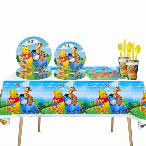 81 Pcs Winnie the Pooh Party Tableware, Winnie the Pooh Birthday Party Supplies, Paper Plates, Napkins, Cups, Knives, Spoons and Forks