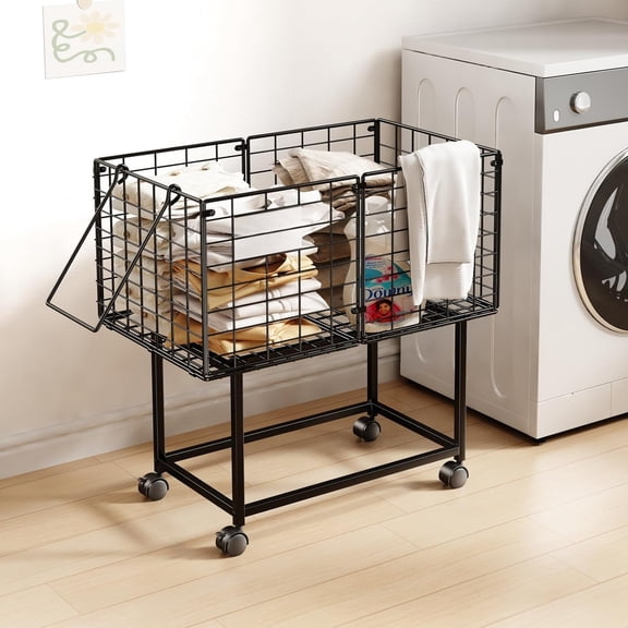 Rolling Laundry Cart, 80L Wire Laundry Hamper Basket  Wheels, Dirty Clothes Basket with Handle, Metal Clothes Hamper Organizer for Laundry Room, Bathroom, Bedroom, Dorm, Black