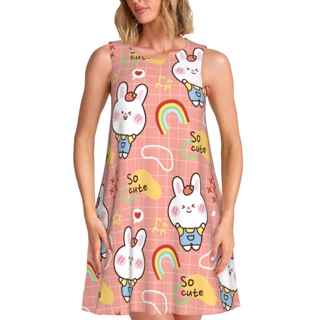 Easygdp Rabbit So Cute para Vestido Transpirable de Mujer, Vestido Suelto de Manga Corta con Pliegues y Bolsillos para el Verano