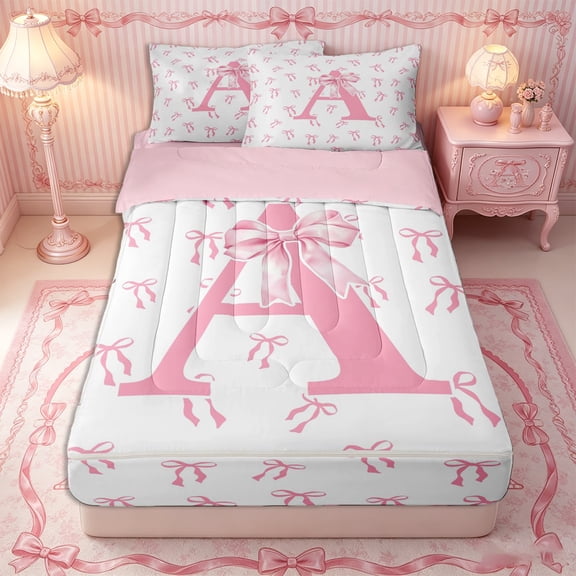 Erosebridal Monogram Letter A Zipper Twin Comforter Sets with Fitted Sheet and 2 Pillowcases,Satin Bow Accent Zipper Bedding Set,Pink White,4-Piece,Pink Reversible