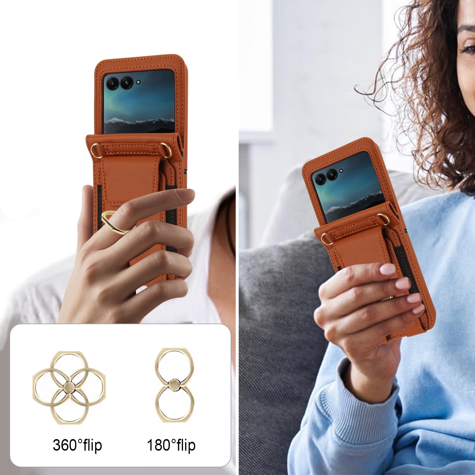 for Motorola Razr 2024 Case, Retro PU Leather Shockproof Protection Phone Case Wallet Built in Credit Card Slots Flip Cover Finger Ring Stand with Long Strap + Short Strap, Brown
