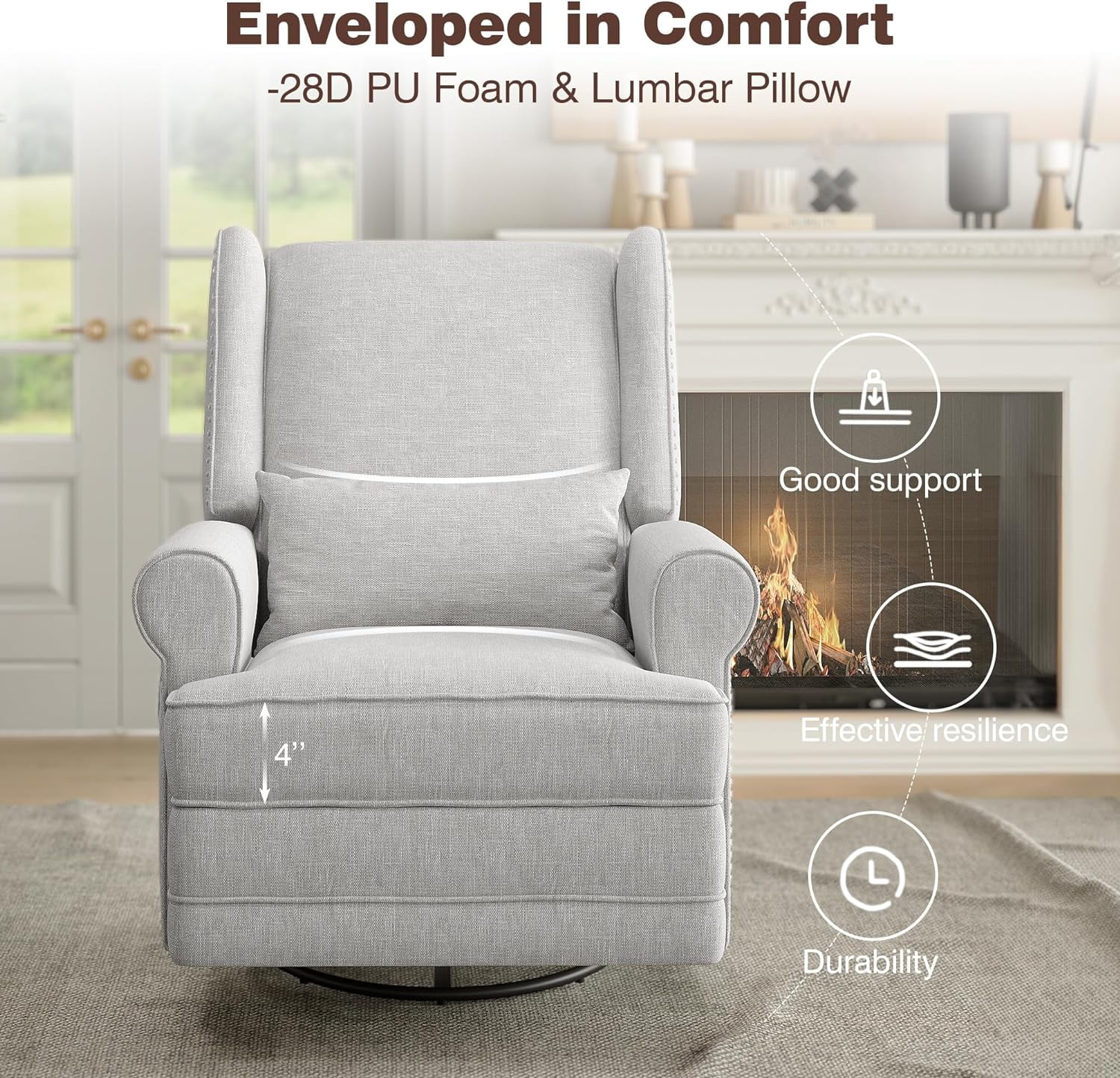 Heynemo Swivel Nursery Glider Recliner Comfy Upholstered Glider Chair Swivel Rocking Chair for Living Room, Gray