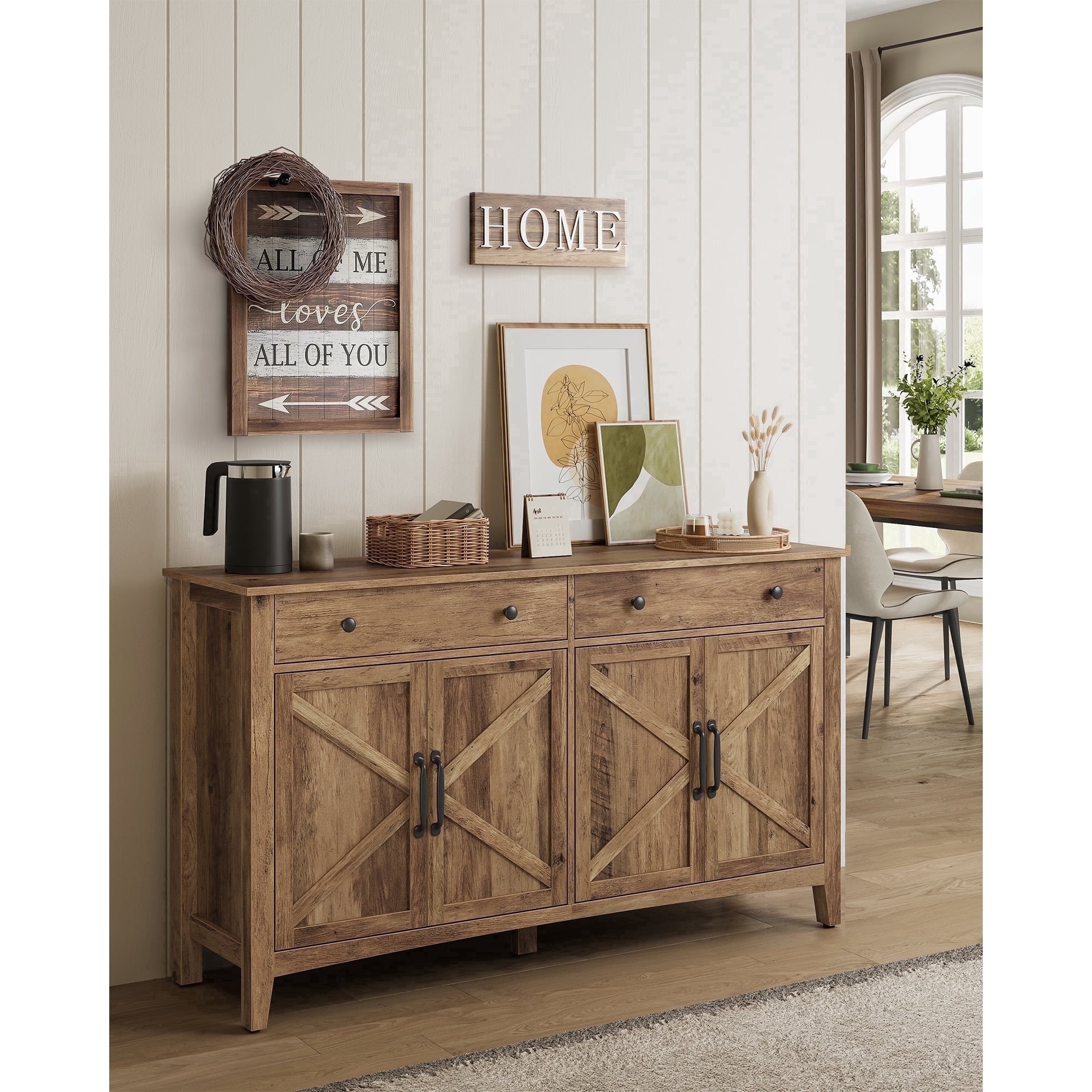 VASAGLE Buffet Cabinet, Coffee Bar Cabinet with 2 Drawers, Adjustable Shelves, Sideboard Storage with Cable Holes, Drawer Dividers, Honey Brown