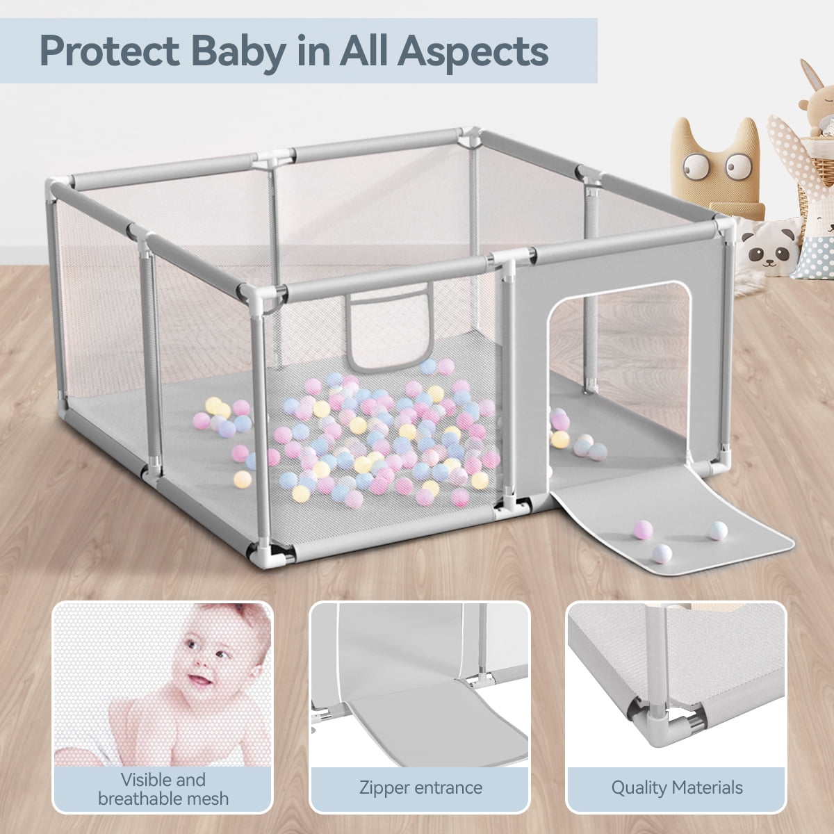 Baby Playpen, Outdoor Play Yard, Portable Play Yard 4-Panel- Baby Safety Playpen for Infant Toddler,Grey