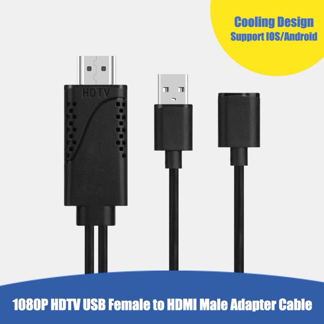 cable adaptador usb hembra a hdmi macho 1080p hdtv tv digital Multicolor — vista frontal centrada de adaptador HDMI con conector macho marcado "HDTV" a la izquierda y dos cables salientes: conector USB A macho en el centro y conector USB hembra a la derecha; carcasa negra de aleación y cable TPE de 1 m; fondo claro con rótulo que indica soporte iOS/Android. Adecuado para duplicar pantalla de teléfonos y tablets a HDTV o proyector; también usado para presentaciones y reproducción de video en pantallas externas.