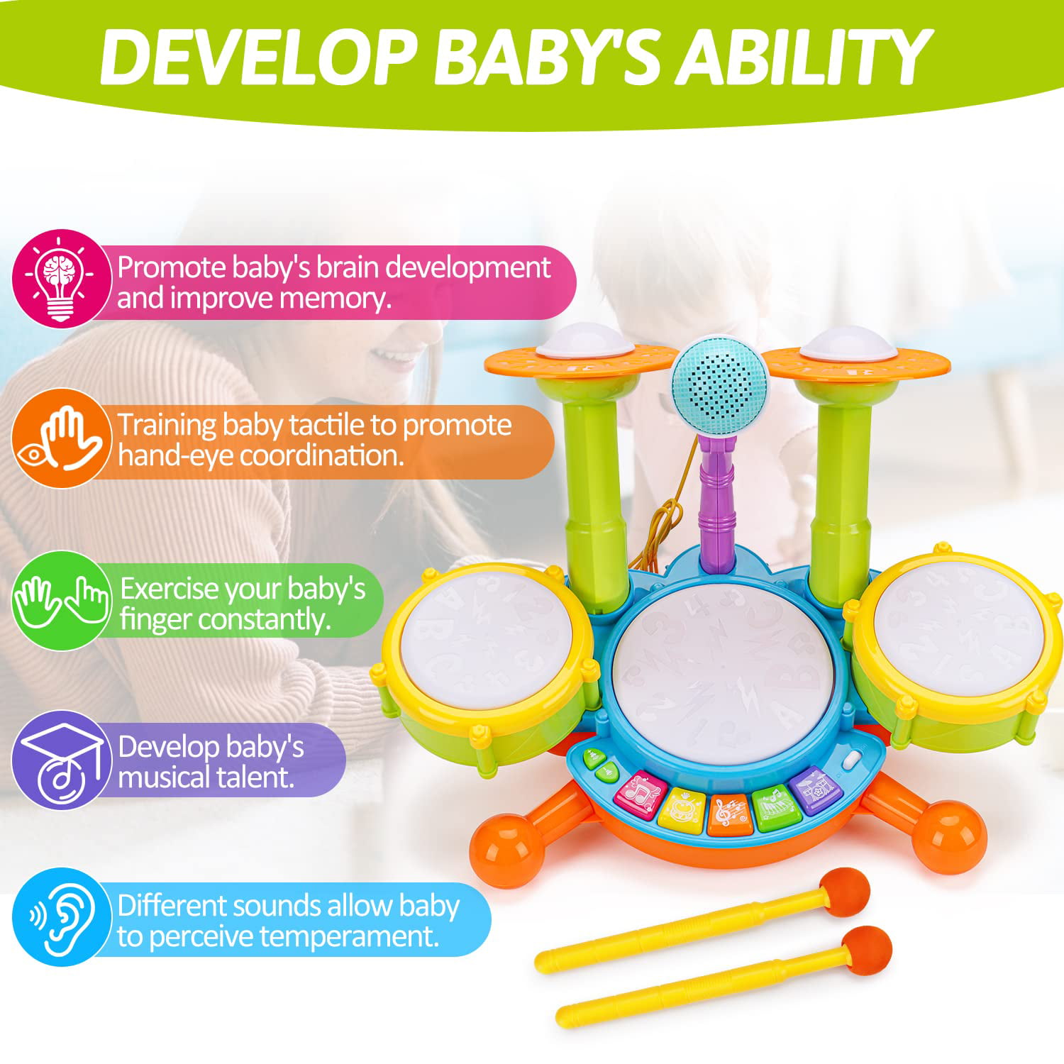 Cozybuy Kids Drum Set for Toddlers 1-3, 1 Year Old Girl Gifts Toddlers Drum  Toys with 2 Drum Sticks, Beats Flash Light and Adjustable Microphone Baby