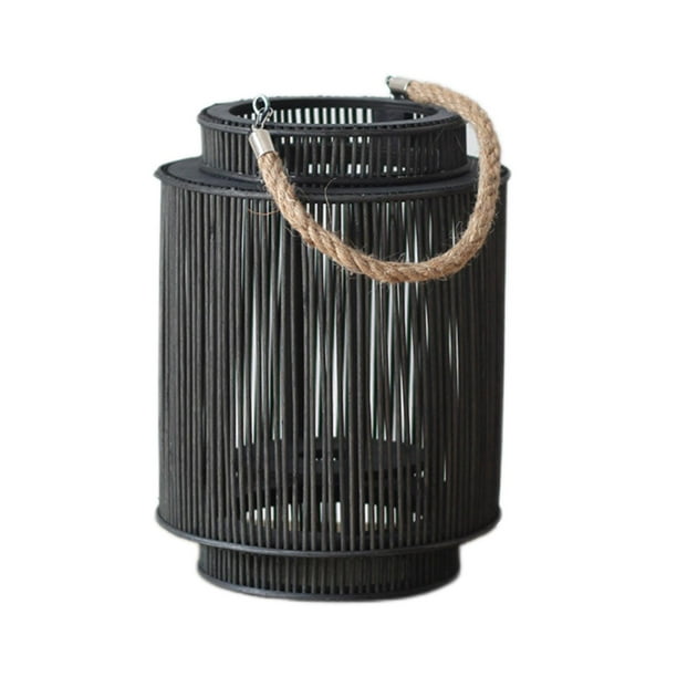 Lámpara de mesa de ratán natural con forma de vela, portavelas decorativo para jardín y restaurantes. Negro S