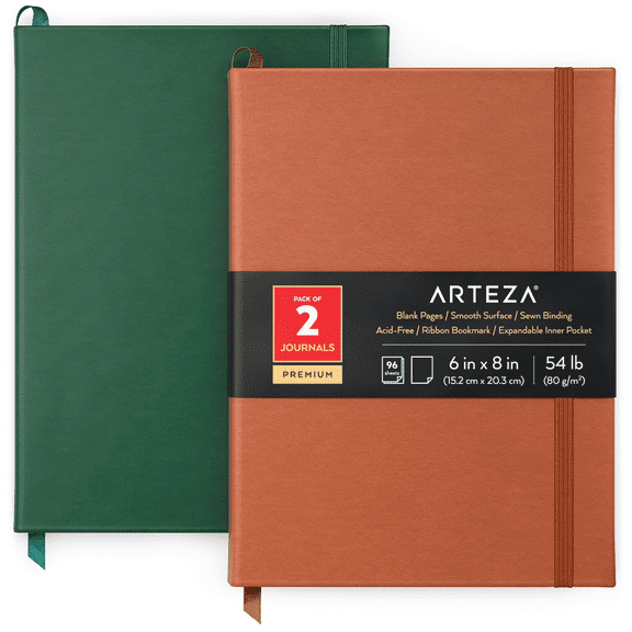 Arteza Hardcover Premium Sketch Paper Journals for Drawing, 96 Sheets, Hunter Green & Saddle for School - 2 Pack