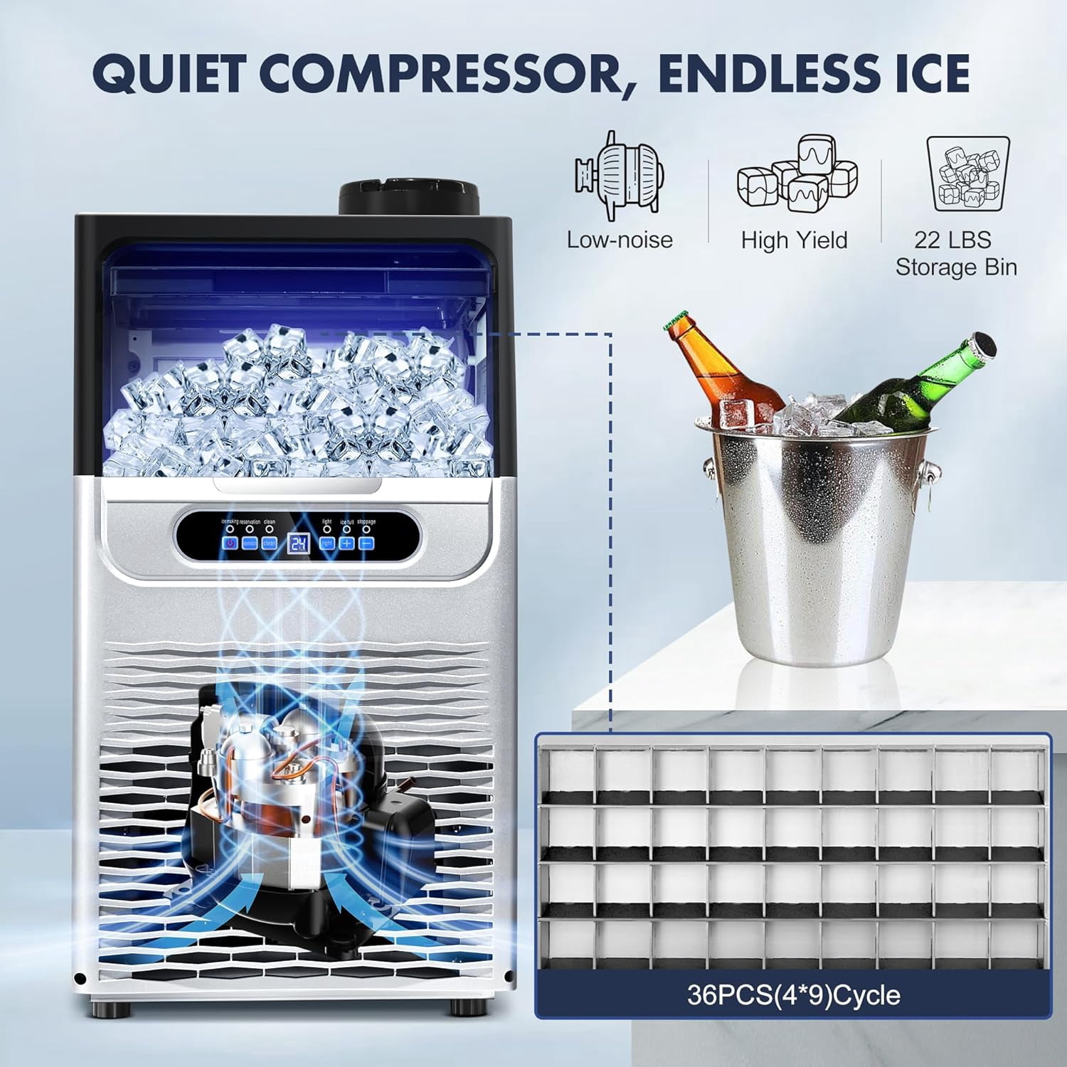 Ice Maker 100LBS/24H Commercial Ice Maker Machine Dual Water Inlet Under Counter or Freestanding Ice Machine 36 Cubes/Cycle with 22LBS Storage for Home, Bar, Restaurant, Coffee Shop