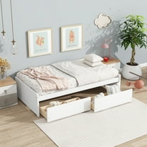 PORKISS Twin Bed Frame, Solid Wood Platform Bed with 2 Drawers, Pine Wood Bed for Kids Teens Adults, No Box Spring Needed, White