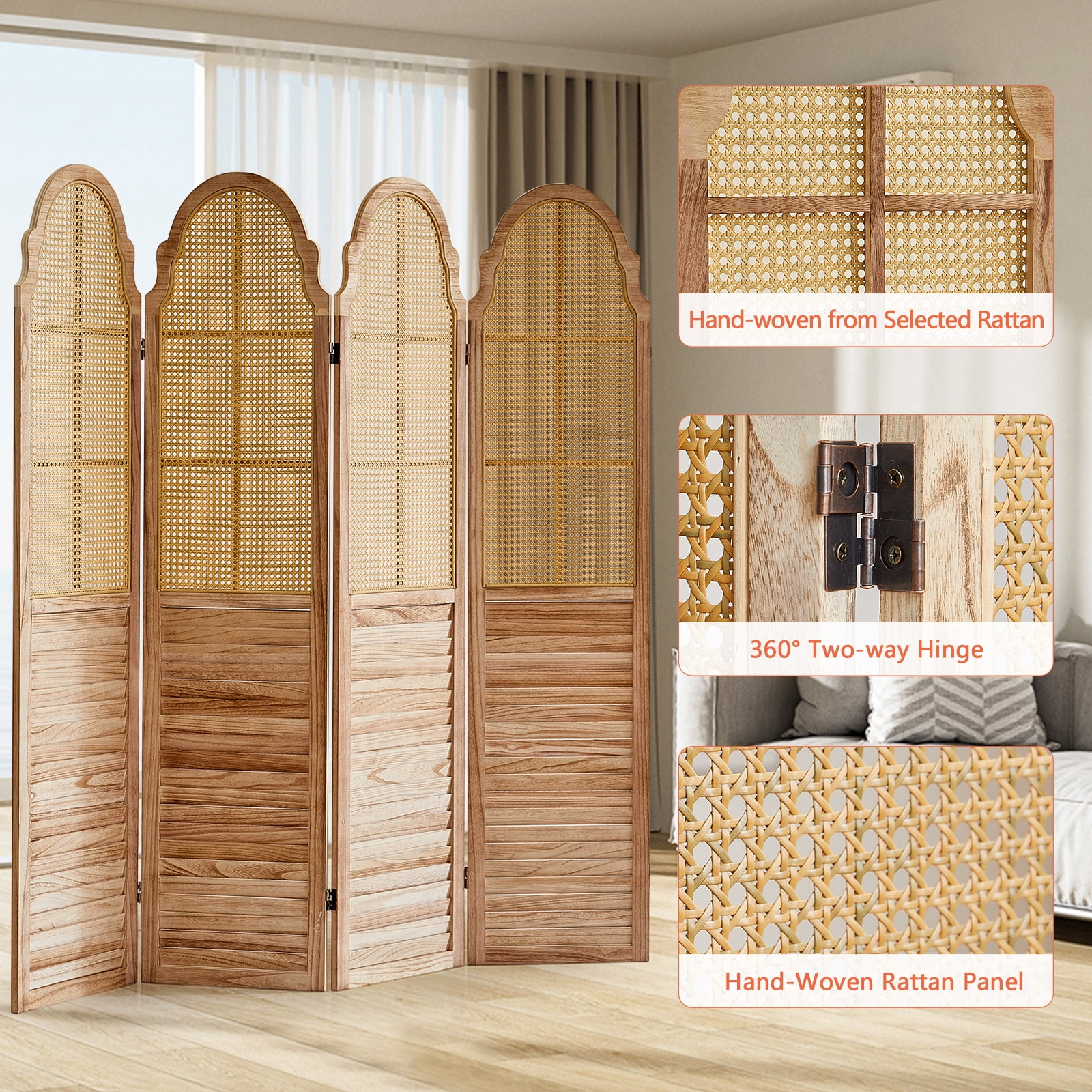 Aletheiawu 4 Panel Rattan Room Divider, Foldable Privacy Screen, No Installation, Light Brown